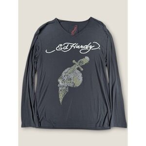 Ed Hardy Christian Audigier Black Rhinestone Skull Long Sleeve Shirt Sz M